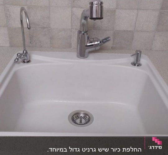 התקנת כיור לבן וברזים במשטח שיש למטבח